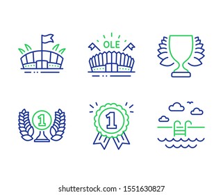 Laureate award, Arena and Reward line icons set. Winner, Sports arena and Swimming pool signs. Prize, Sport stadium, First place. Sports achievement. Sports set. Vector