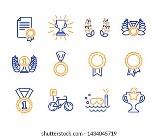 Laureate award, Best rank and Bicycle parking icons simple set. Laurel wreath, Trophy and Scuba diving signs. Reward, Medal and Laureate medal symbols. Success, Certificate and Victory. Vector