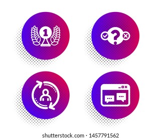 Laureate award, User info and Quiz test icons simple set. Halftone dots button. Browser window sign. Prize, Update profile, Select answer. Website chat. Business set. Vector