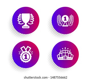 Laureate Award, Winner And Approved Icons Simple Set. Halftone Dots Button. Arena Stadium Sign. Prize, Sports Achievement, Winner Badge. Competition Building. Sports Set. Vector