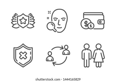 Laureate, Face search and User communication icons simple set. Buying accessory, Reject protection and Restroom signs. Award shield, Find user. Business set. Line laureate icon. Editable stroke