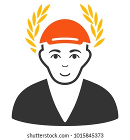 Laureate Man vector flat pictograph. Person face has enjoy mood. A person dressed with a cap.