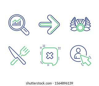 Laureate medal, Data analysis and Reject line icons set. Next, Food and User signs. Laurel wreath, Magnifying glass, Delete message. Forward. Business set. Line laureate medal outline icons. Vector