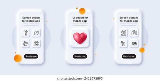 Laureate medal, Teamwork and Coffeepot line icons pack. 3d phone mockups with heart. Glass smartphone screen. 5g wifi, Communication, Charging time web icon. Vector