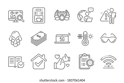 Laureate medal, Thermometer and Eyeglasses line icons set. Dollar, Wifi and Coffee maker signs. Like, 5g notebook and Ice cream symbols. Line icons set. Vector