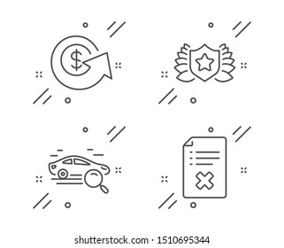 Laureate, Search car and Dollar exchange line icons set. Reject file sign. Award shield, Find transport, Money refund. Decline agreement. Business set. Line laureate outline icon. Vector