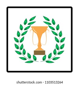Laurel award around gold cup. Modern symbol of victory, award achievement sport. Insignia ceremony awarding of winner tournament. Colorful template for badge, tag. Design element. Vector illustration
