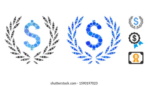 Laurel bank emblem composition of round dots in different sizes and color tints, based on laurel bank emblem icon. Vector round dots are composed into blue composition.