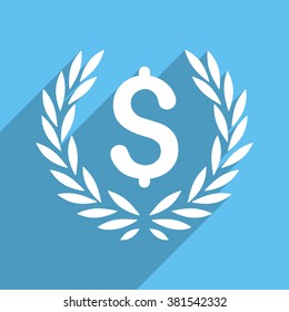 Laurel Bank Emblem long shadow vector icon. Style is a white flat symbol on a light-blue square background.