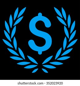 Laurel Bank Emblem vector icon. Style is flat symbol, blue color, rounded angles, black background.
