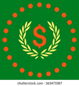 Laurel Bank Emblem vector icon. Style is bicolor flat circled symbol, orange and yellow colors, rounded angles, green background.