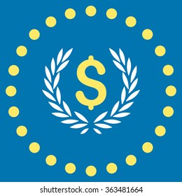 Laurel Bank Emblem vector icon. Style is bicolor flat circled symbol, yellow and white colors, rounded angles, blue background.