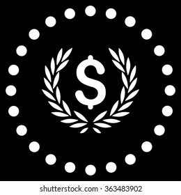Laurel Bank Emblem vector icon. Style is flat circled symbol, white color, rounded angles, black background.