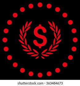 Laurel Bank Emblem vector icon. Style is flat circled symbol, red color, rounded angles, black background.