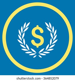 Laurel Bank Emblem vector icon. Style is bicolor flat circled symbol, yellow and white colors, rounded angles, blue background.