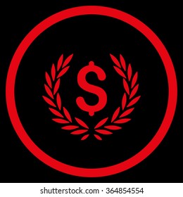 Laurel Bank Emblem vector icon. Style is flat circled symbol, red color, rounded angles, black background.