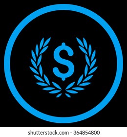 Laurel Bank Emblem vector icon. Style is flat circled symbol, blue color, rounded angles, black background.