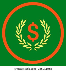 Laurel Bank Emblem vector icon. Style is bicolor flat circled symbol, orange and yellow colors, rounded angles, green background.