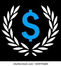 Laurel Bank Emblem vector icon. Style is bicolor flat symbol, blue and white colors, black background.