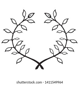 Laurel branch icon. Vector illustration of a branch with leaves. Hand drawn crossed laurel branches with leaves.