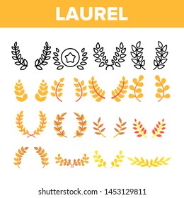 Laurel Branches Wreath Vector Color Icons Set. Laurel Leaves Linear Symbols Pack. Achievement And Success, Award And Victory. Greek Roman Crown, Winner Prize Isolated Flat Illustrations