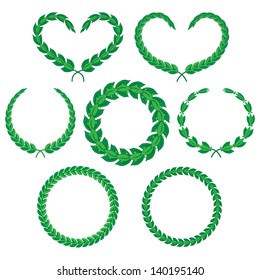 Laurel branches and wreaths. A set of decorative elements, isolated on white. Vector illustration