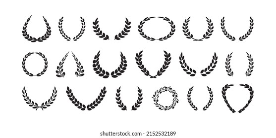 Laurel crown and wreath, olive leaf branch vector set, award and winner icon, emblem of victory, sport heraldry symbol, black silhouettes isolated on white background. Vintage illustration