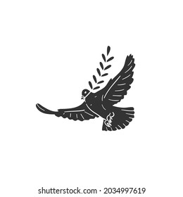 Laurel Dove Icon Silhouette Illustration. Pidgeon Olive Peace Vector Graphic Pictogram Symbol Clip Art. Doodle Sketch Black Sign.