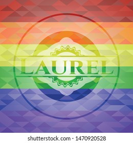 Laurel emblem on mosaic background with the colors of the LGBT flag