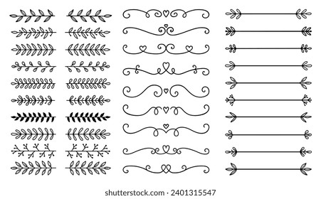 Laurel and floral text dividers doodle set. Wedding decorative elements with leaves and flowers. Branches, divider ornament, borders, lines. Hand drawn vector illustration isolated on white background