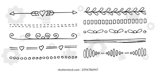  Laurel and floral text dividers doodle set. Wedding decorative elements with leaves and flower. Branches, divider ornament, borders, lines. Hand drawn vector illustration isolated on white background
