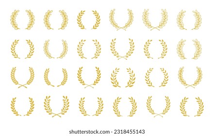 Laurel gold vector illustration in white background. Leaves frame, swirls, laurel wreath, award decoration vector design isolated.