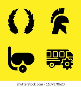 laurel, helmet, bus and diving goggles vector icon set. Sample icons set for web and graphic design