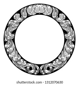 A laurel leaf filigree crest floral Frame pattern motif woodcut graphic design element.