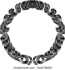 A laurel leaf filigree crest floral Frame pattern motif woodcut graphic design element.