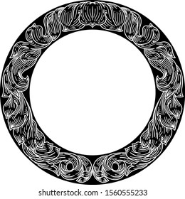 A laurel leaf filigree crest floral Frame pattern motif woodcut graphic design element.