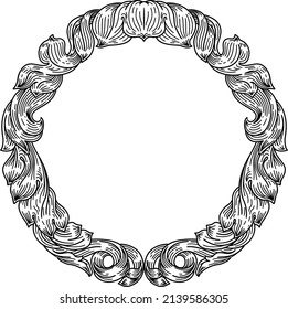 A laurel leaf filigree crest floral Frame pattern motif woodcut graphic design element.