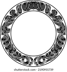 A laurel leaf filigree crest floral Frame pattern motif woodcut graphic design element.