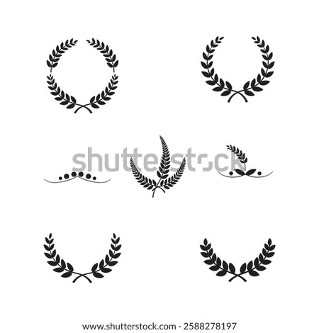 laurel leaf floral wreath logo icons set vector flat design illustrations