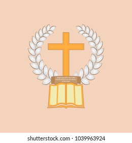 Laurel leaf surrounds the Christian cross. The Bible with a commemorative plaque lies at the cross. Logo on the Christian theme.