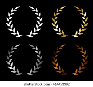 Laurel Leaf Wreath Icon Set. Vector Olive Wreath Award For Certificate. Gold, Silver, Bronze, White. Wreath Trophy Emblem For A Winner. Graphic Illustration