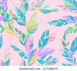 Laurel leaves floral vector seamless pattern. Houseplant striped colorful foliage. Textile print with eucalyptus tree branches. Summer endless pattern with tropical leaves. Wallpaper cute design