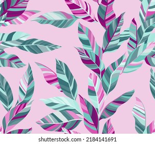 Laurel leaves floral vector seamless pattern. Houseplant striped colorful foliage. Fabric print with aglaonema twigs. Summer endless pattern with tropical leaves. Wallpaper cute design