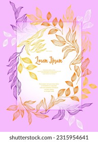 Laurel deja la plantilla de tarjeta de saludo vectorial del marco. Delicadas ramas de laureles coronan el verano. Diseño de tarjetas florales con follaje laurel. Hojas tropicales de eucalipto sobre la plantilla de marco de ramitas. Estilo botánico