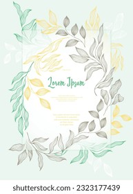 Laurel leaves frame vector greeting card template. Vintage bay tree branches summer bouquet. Holiday card design with laurel foliage. Exotic eucalyptus leaves on branches frame template. Garden plant