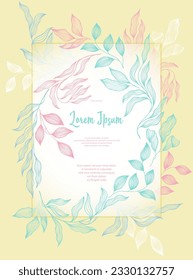 Laurel leaves frame vector greeting card template. Elegant bay tree branches summer bouquet. Organic card design with laurel foliage. Exotic eucalyptus leaves on branches frame template. Garden plant