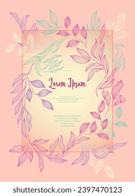 Laurel leaves frame vector greeting card template. Vintage bay tree branches summer bouquet. Organic card design with laurel foliage. Exotic eucalyptus leaves on branches frame template. Botany style