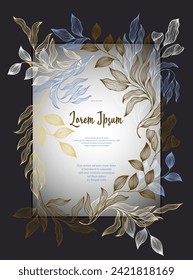 Laurel leaves frame vector greeting card template. Delicate bay tree branches summer wreath. Floral card design with laurel foliage. Exotic eucalyptus leaves on branches frame template. Botany style