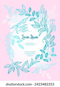 Laurel leaves frame vector greeting card template. Romantic bay tree branches summer bouquet. Trendy card design with laurel foliage. Tropical eucalyptus leaves on twigs frame template. Nature print
