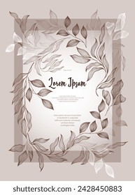 Plantilla de tarjeta de felicitación de vector de marco de laurel. Romántico árbol de la bahía ramas ramo de verano. Diseño de tarjeta rústica con follaje de laurel. Hojas de eucalipto tropical en plantilla de marco de ramitas. Planta de jardín